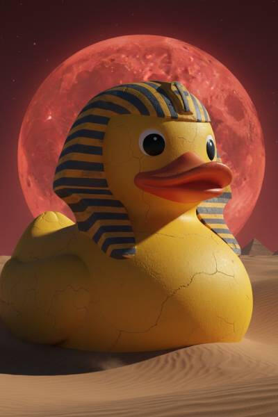 Hyper-realistic surreal Colossal Yellow Rubber Duck depicted as The Great Sphinx of Giza.