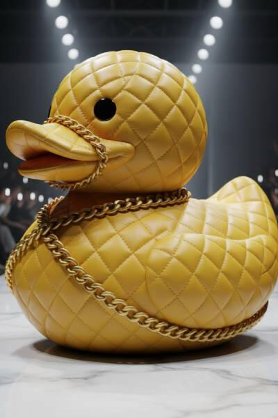Hyper-realistic surreal Yellow Rubber Duck made of quilted leather with chain-link straps