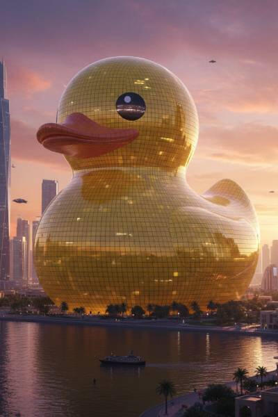 Hyper-realistic surreal Skyscraper that is a Yellow Rubber Duck with glass panels