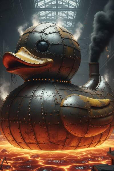 Hyper-realistic surreal Rubber Duck made of heavy, rusted industrial steel plates