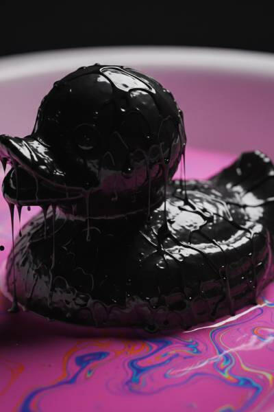 Hyper-realistic surreal Yellow Rubber Duck made of oily black tar