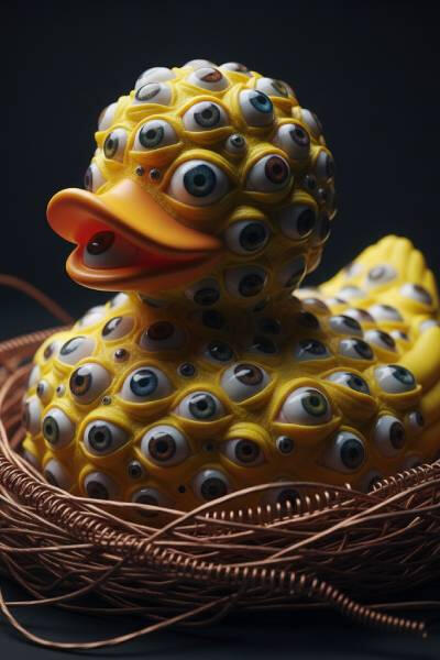 Hyper-realistic surreal Yellow Rubber Duck covered by eyes